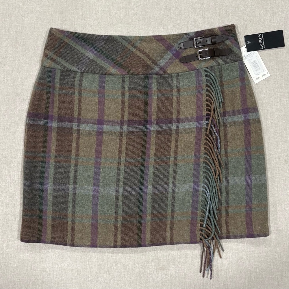 LAUREN RALPH LAUREN Women's 12 Plaid Wool Blend Fringed Mini Skirt NWT
